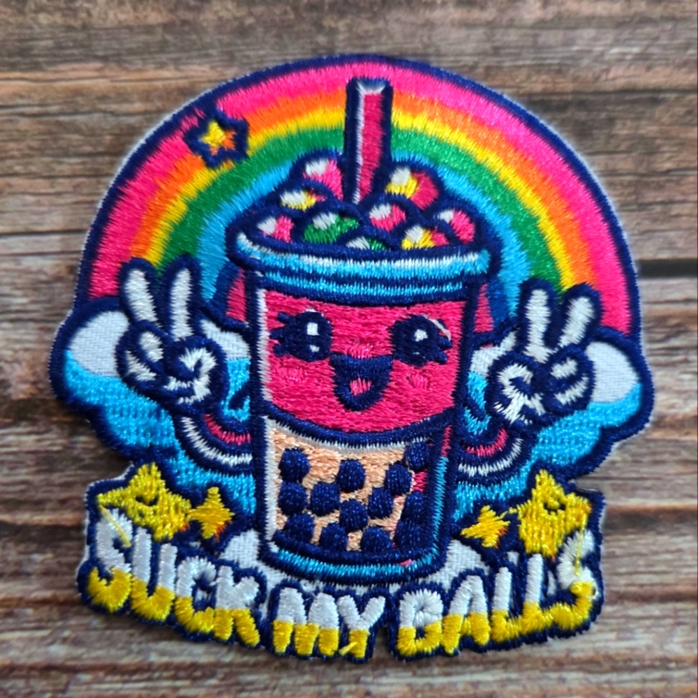 Suck My Balls Bobba Tea Rainbow Fabulous Funny Iron On Patch